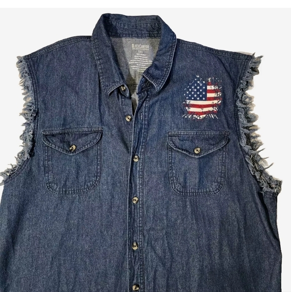 American Trucker Patriotic Flag Denim Shirt Trucks Men's 3XL Blue Jean Vest EUC - Picture 4 of 5